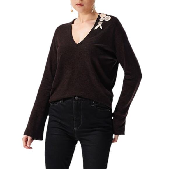 Brunello Cucinelli 100% Cashmere V-Neck Sweater Floral Applique Rare - Picture 1 of 7